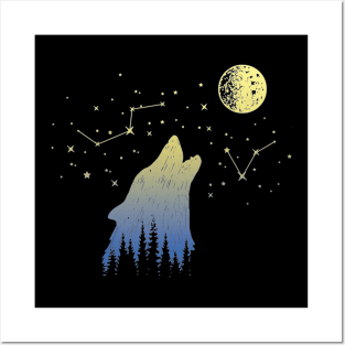 Wolf Howling at Stars Constellations and Moon Gift Posters and Art